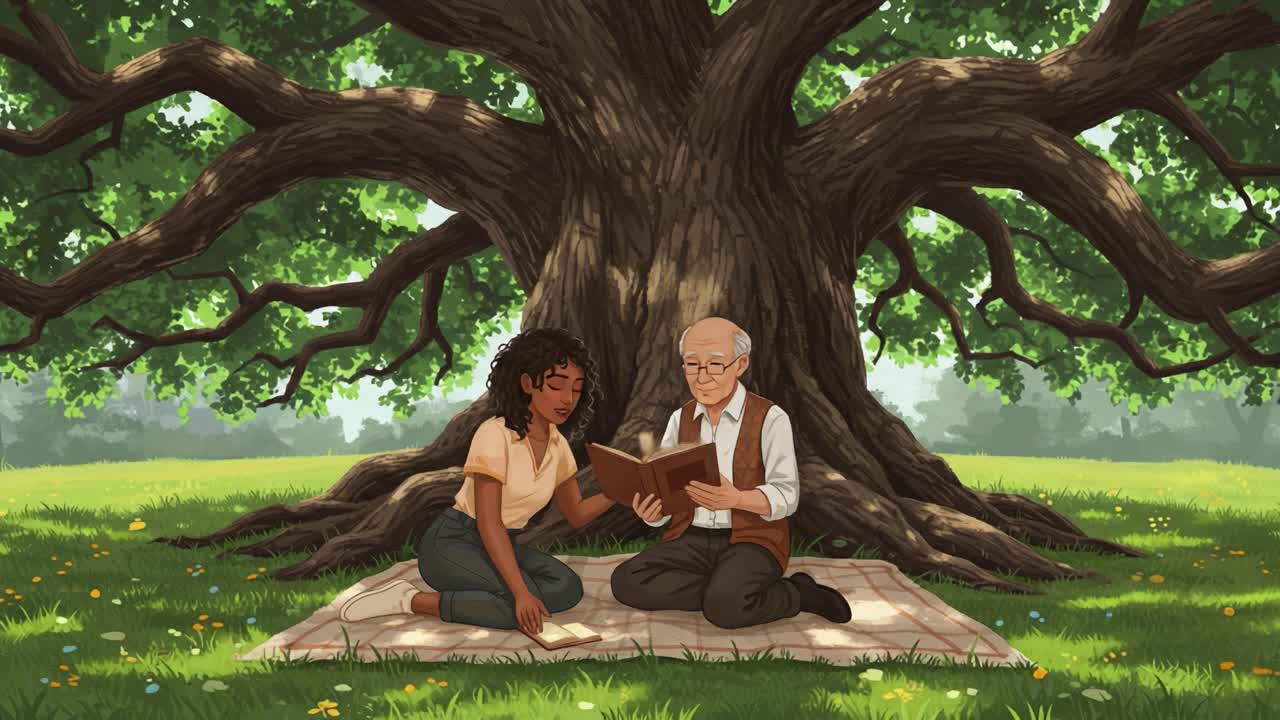 Two People Reading Books Together Under a Large Tree