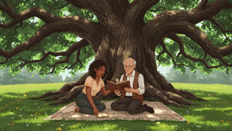 two people reading books together under a large tree