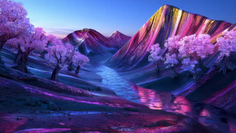 vibrant fantasy landscape with purple trees and colorful mountains