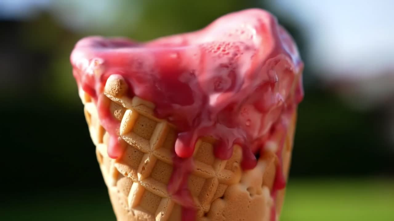 A close-up view of a melting ice cream cone with bright red topping, showcasing the delight of summer treats. Sunlight glistens as people enjoy a warm day outdoors in the park.