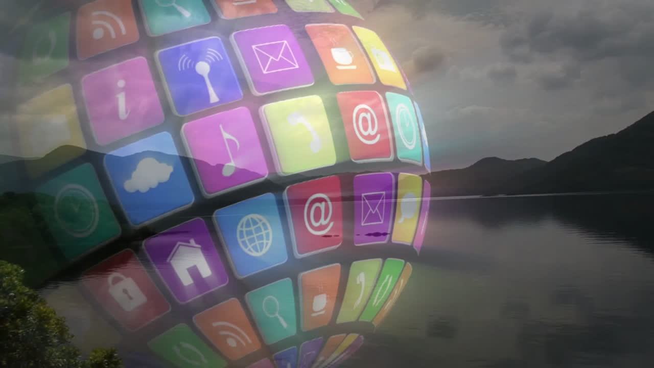 Forming animation of colorful app icons, globe over lake and mountain landscape