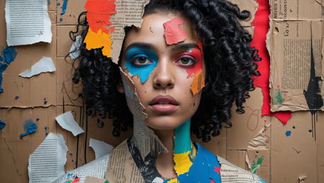 abstract mixed media portrait of a woman with collage elements