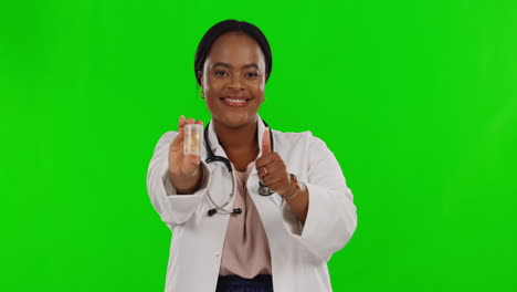 Black-woman,-doctor-and-pills-with-thumbs-up