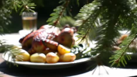 roasted chicken dinner in a garden