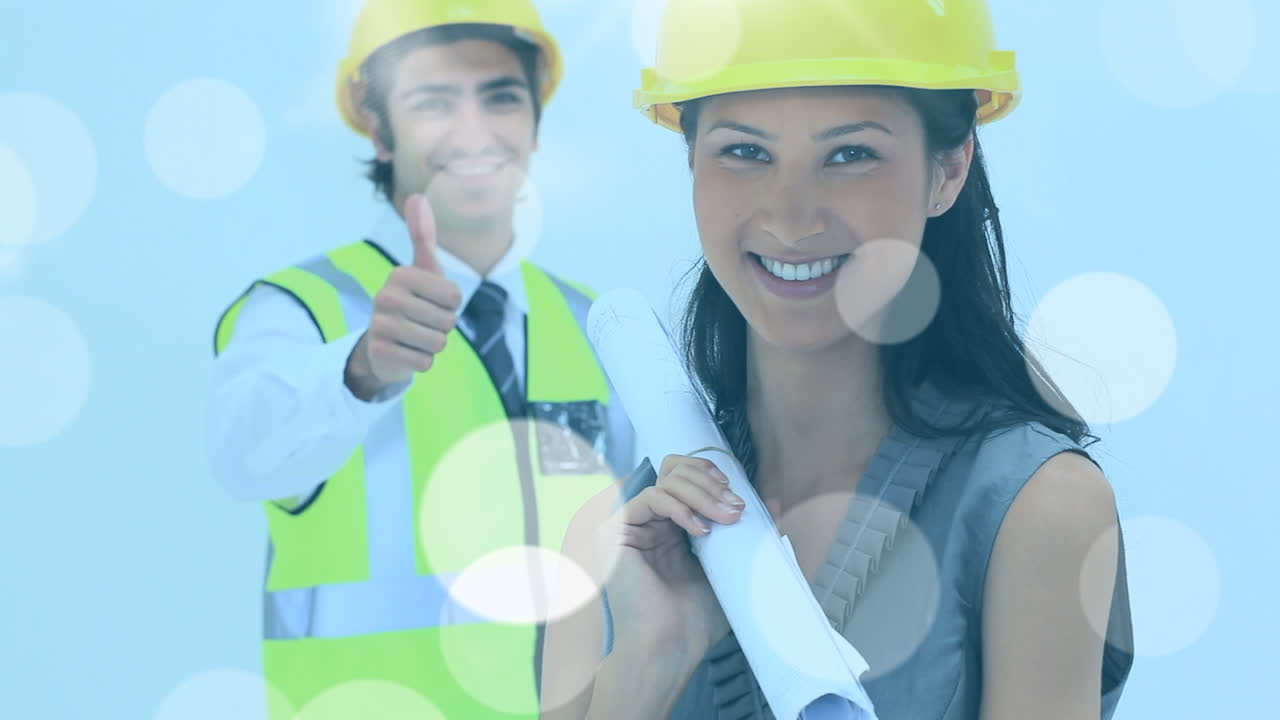 Animación de puntos de luz sobre ingenieros y ingenieras mestizos
