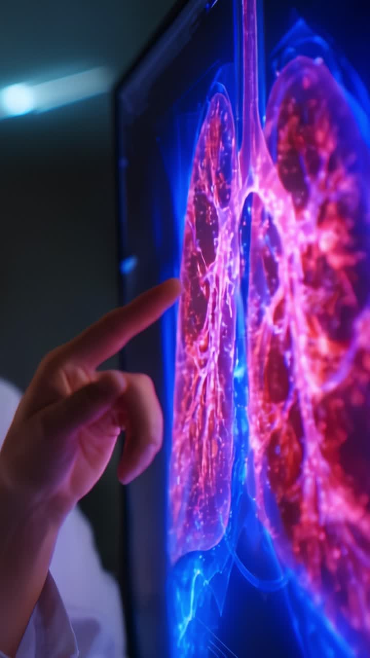 Un professionista medico analizza rendering in 3D vivaci dei polmoni umani, che mostrano reti intricate all'interno del sistema polmonare illuminate con colori brillanti