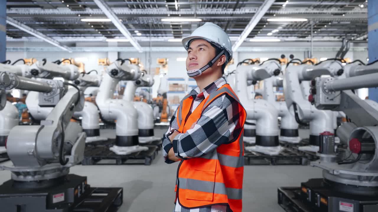 Engineer Observing Robotic Arms in a Factory