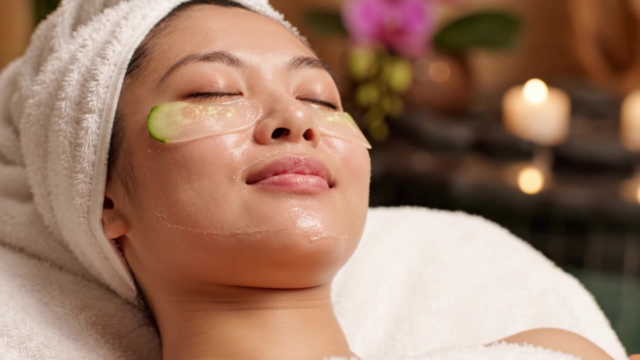 Experiência Relaxante de Spa: Um Momento Sereno de Autocuidado com Fatias de Pepino nos Olhos e Tratamento Natural de Skincare para um Brilho Revigorante