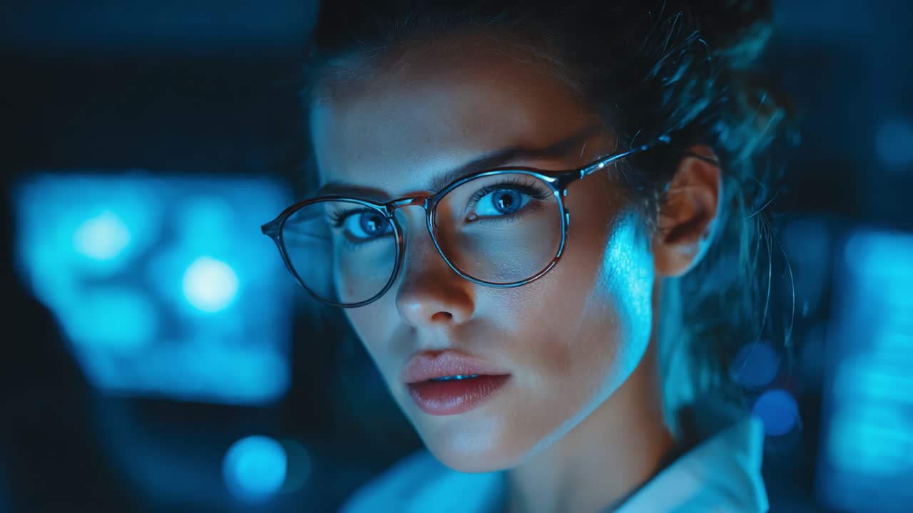 Nærbillede af en smuk kvinde med briller, der viser slående ansigtstræk og et udtryksfuldt blik, sat mod en futuristisk, blåt belyst baggrund, der udstråler selvtillid og intelligens