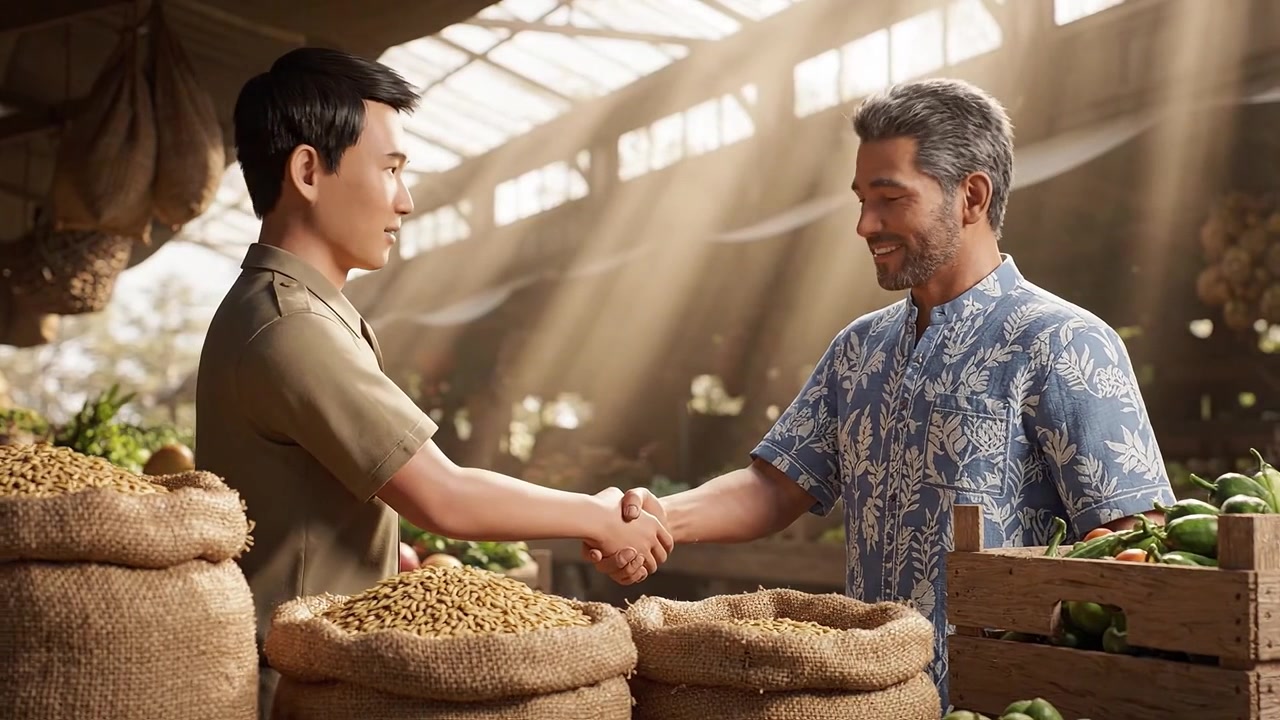 Two individuals share a joyful conversation at a bustling market, surrounded by fresh produce, showcasing a vibrant atmosphere filled with warm sunlight and connection.
