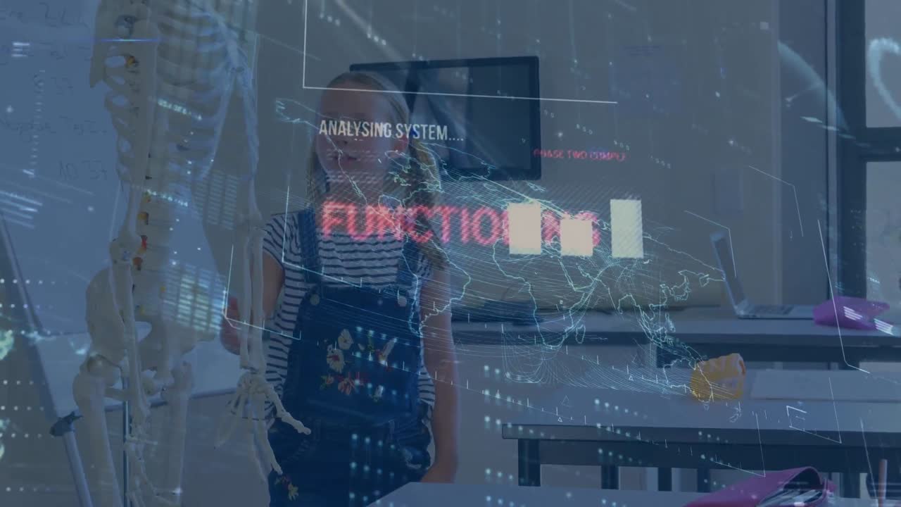 Animation of data processing over caucasian girl making presentation and class of diverse pupils