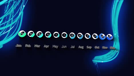 animación de meses digitales de texto y gráficos en pie con rayas de luz iluminadas sobre fondo negro