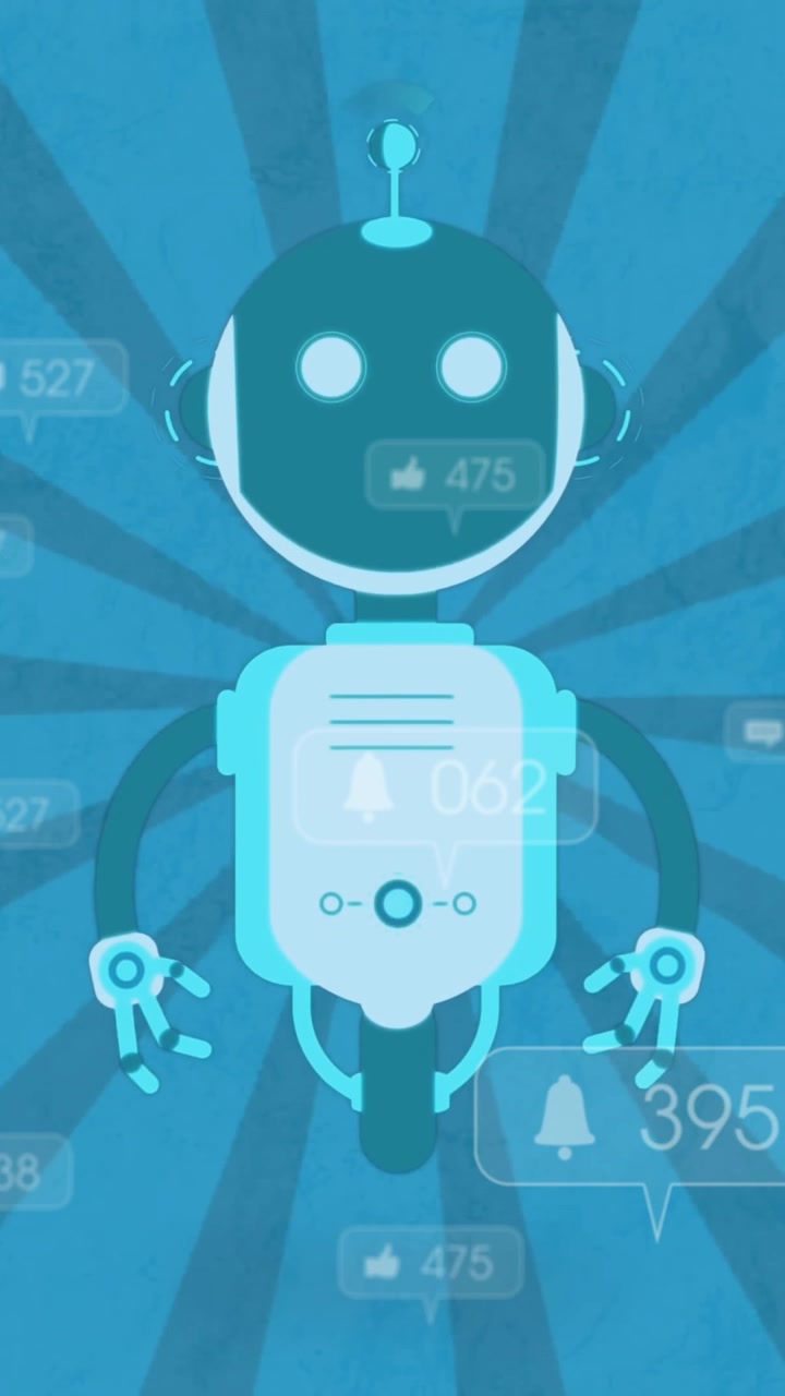 Animation af flyvende robot og notifikationslinjer over solstråler mod blå baggrund