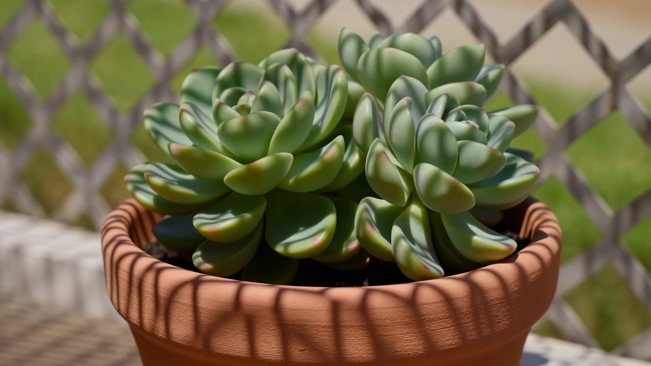 Pianta succulenta, soggetto statico, nessuna azione visibile, in un ambiente esterno con una recinzione a rete metallica e luce naturale, con una succulenta in vaso di terracotta, recinzione a rete metallica, sfondo naturale.
