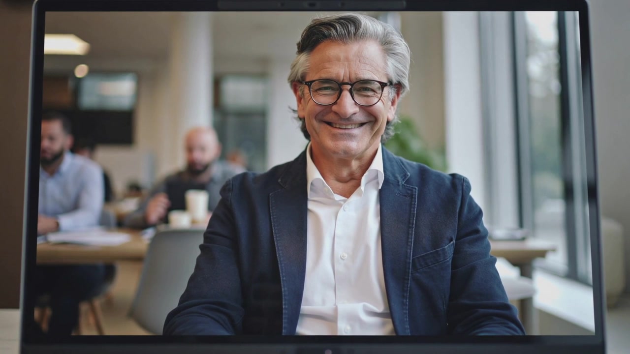 Smiling senior exec wearing dark blazer reacting to comment during virtual meeting on laptop