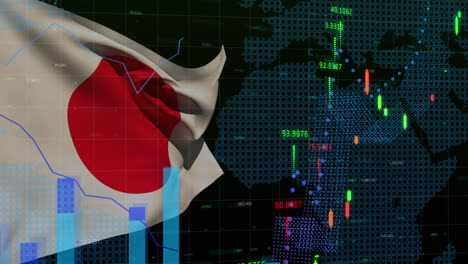 animation of data processing, graphs and world map over flag of japan on black background