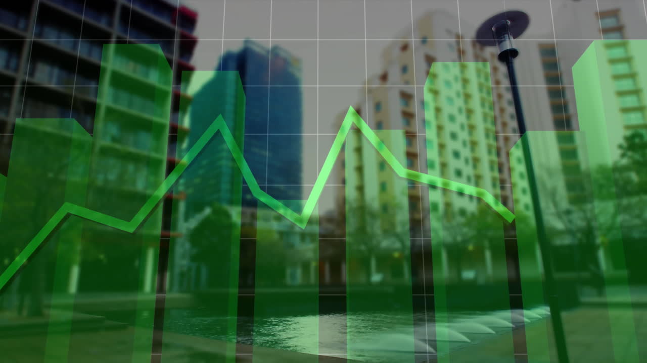 animación del procesamiento de datos financieros sobre el paisaje urbano