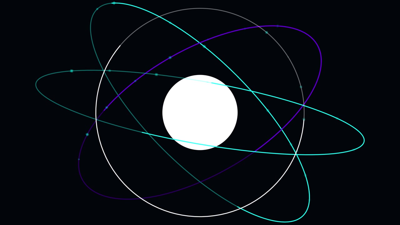 Animazione astratta di anelli orbitali luminosi attorno a una sfera centrale.