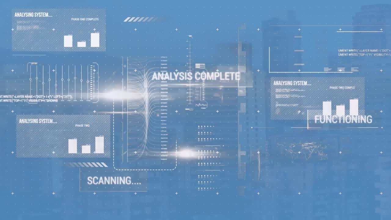 Animation of data processing and arrows over cityscape