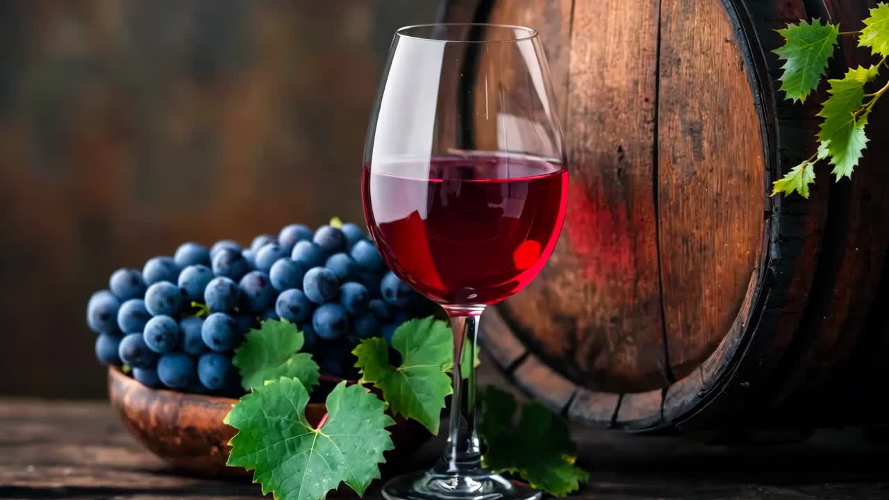 Un bicchiere di vino rosso accanto a un grappolo d'uva