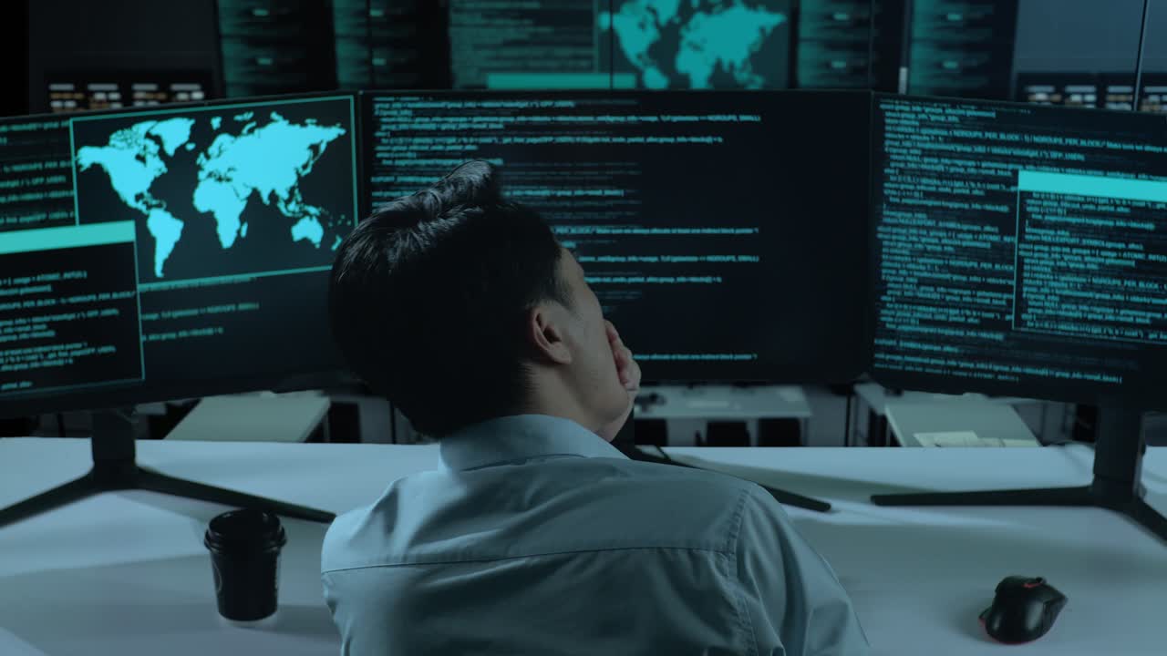 Back View Of Tired Asian Man Developer Yawning Before Sleeping While ...