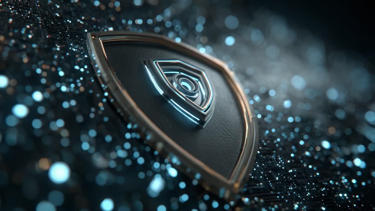 A Futuristic Digital Shield Glows Amidst a Background of Sparkling Particles, Representing Security and Protection in a Modern Cyber Environment