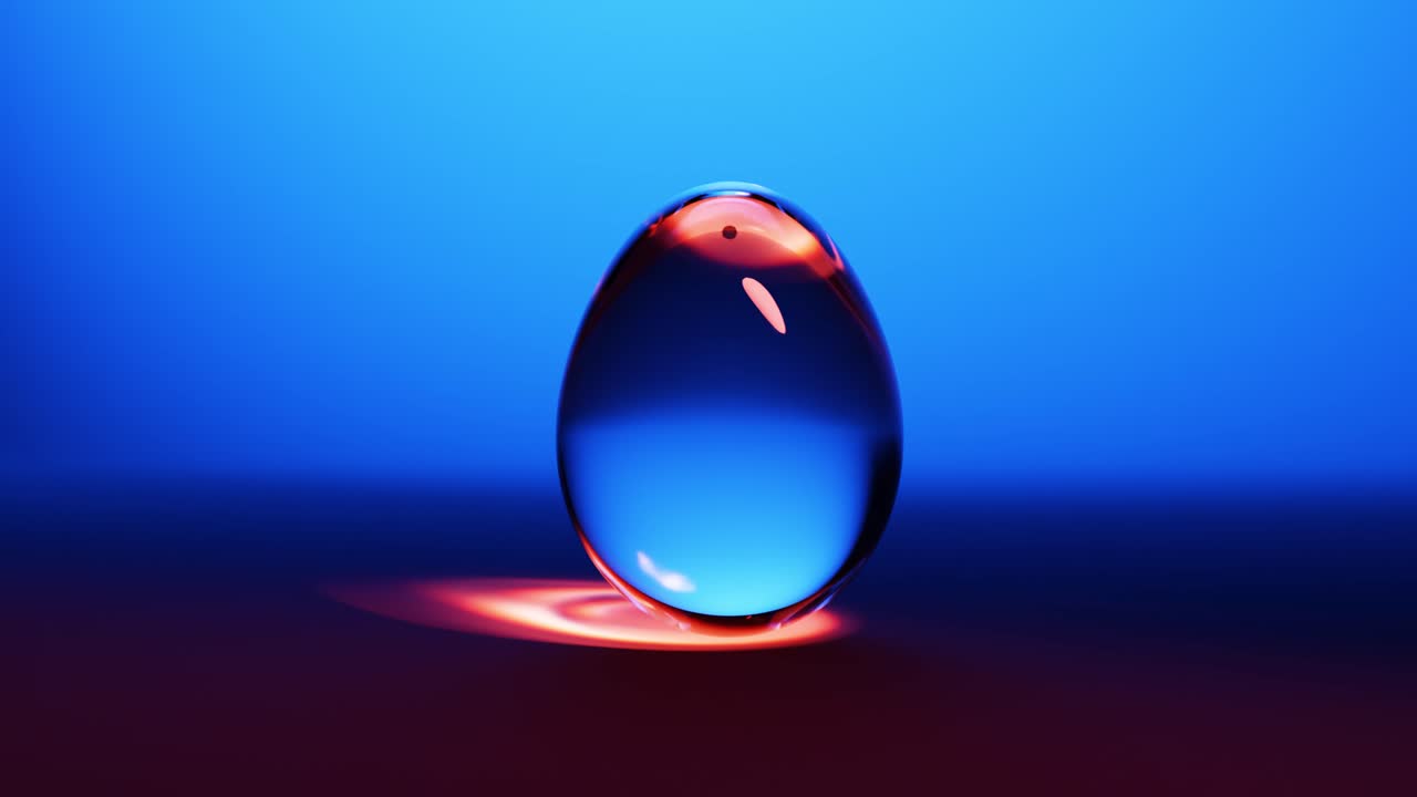 Abstract Glass Egg with Vibrant Blue and Red Light Reflections