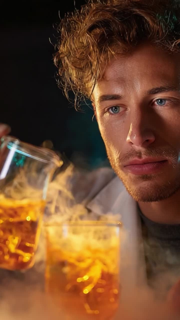 Fängslande mixologi: En skicklig bartender skapar intrikata cocktails med rök och färgstarka ingredienser i en dramatisk atmosfär