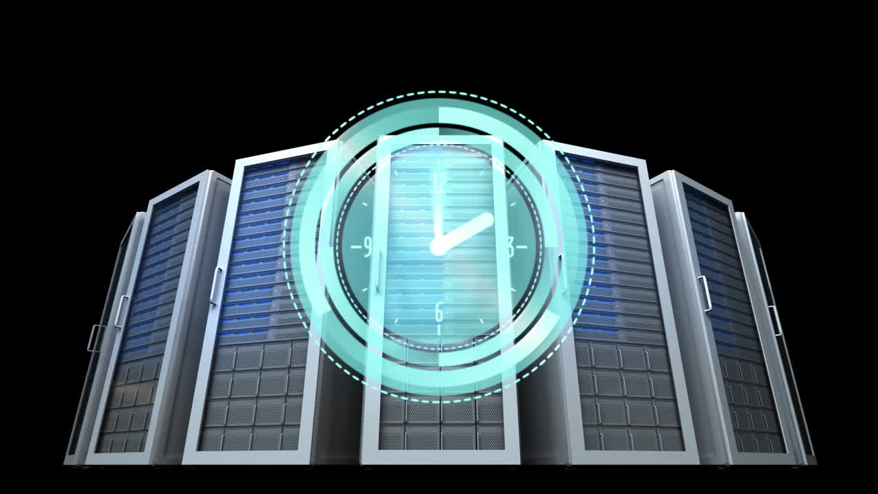 Animation of clock moving fast over computer servers