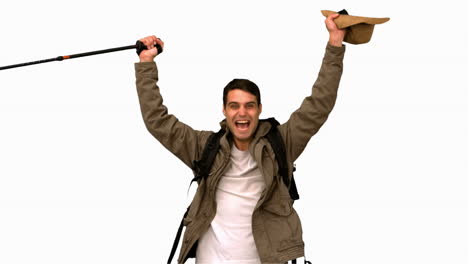 cheerful man raising his hat on white screen