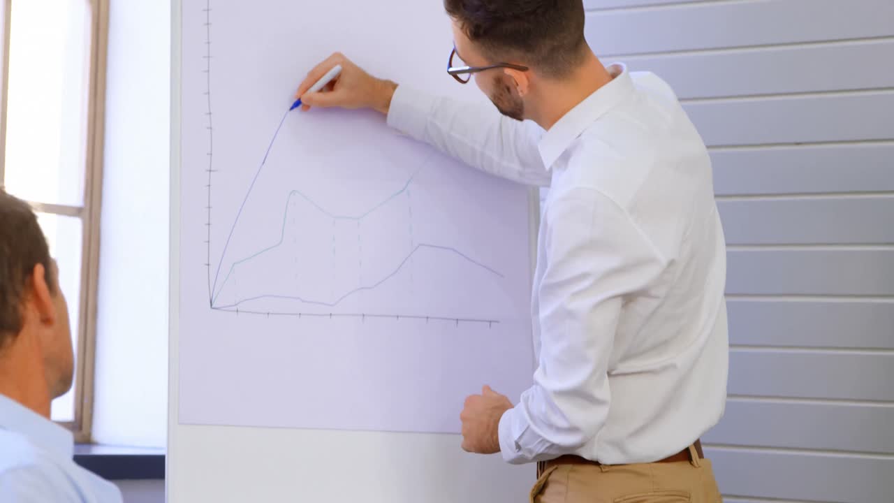 경영진들이 회의실 4k에서 화이트보드에서 논의하고 있습니다.