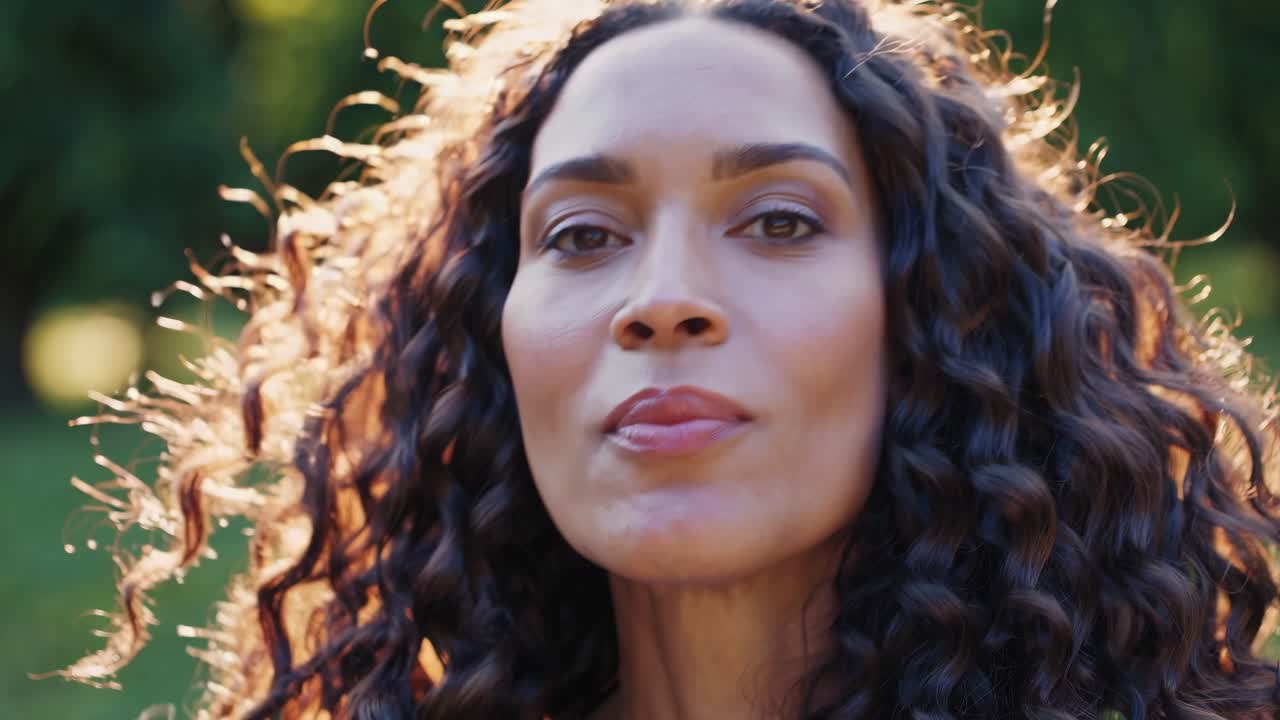 Video ravvicinato di una donna che sorride alla luce naturale, ripresa da un angolo basso