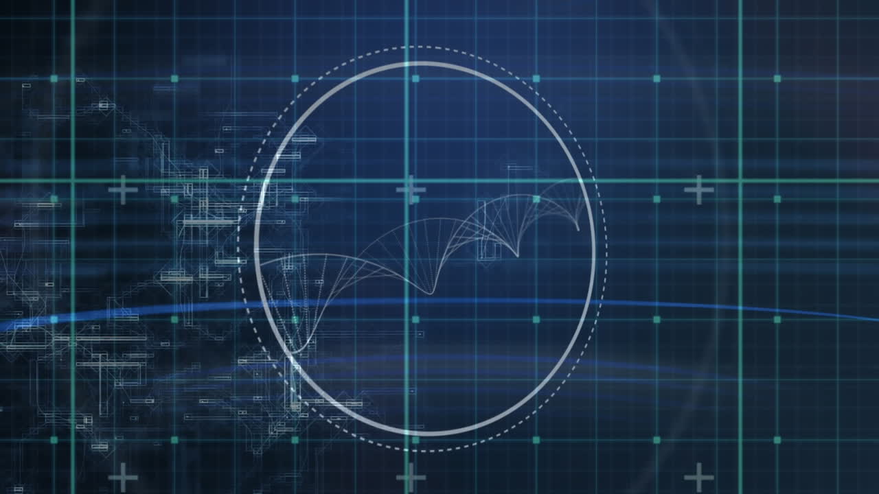 Animation of circular scanner with rotating dna helix over blue grid and processing data on black