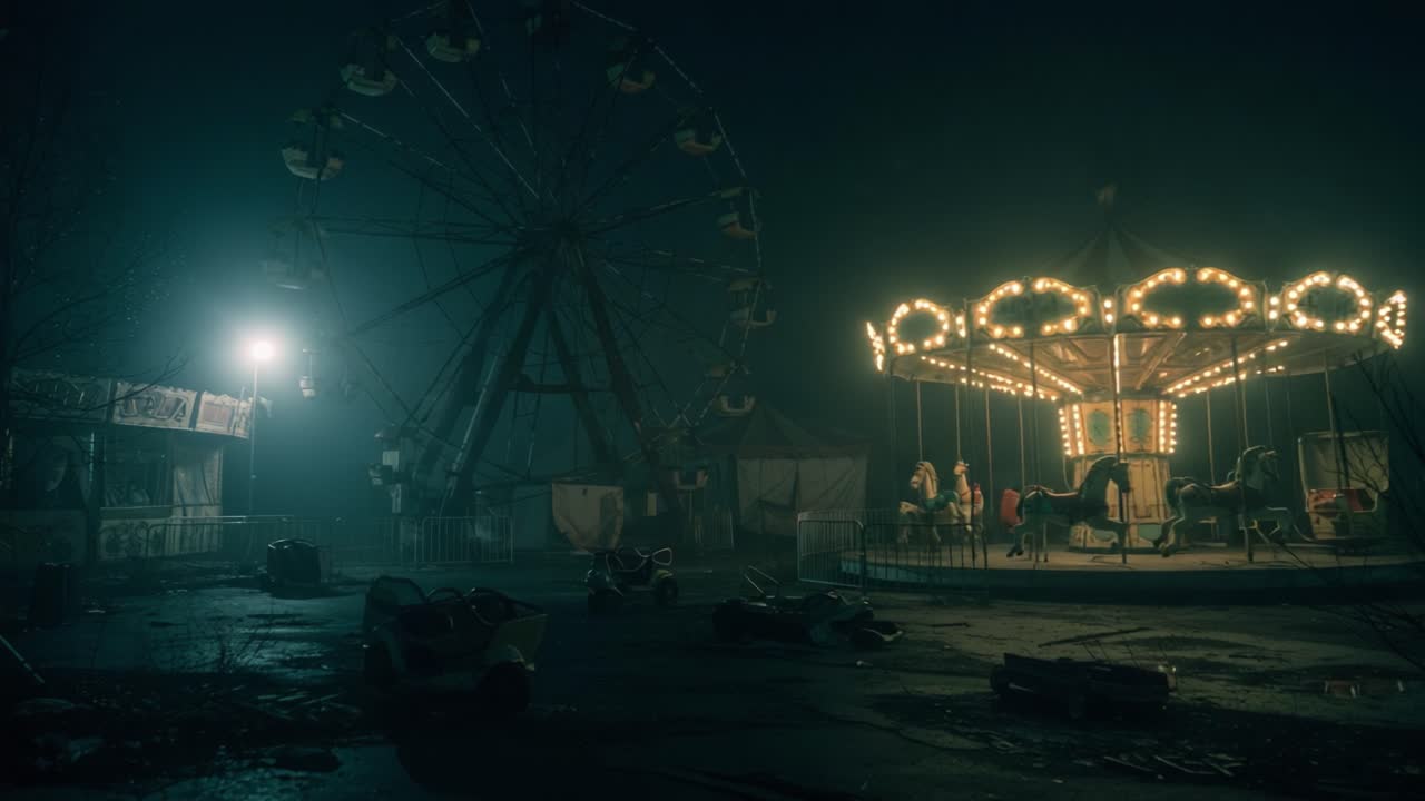 Haunting Beauty of an Abandoned Amusement Park: A Desolate Carnival Scene at Night with a Luminous Carousel and an Empty Ferris Wheel in Eerie Atmosphere