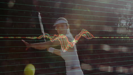 Female tennis player swinging racket on court, showing tech performance graphs over green gridlines