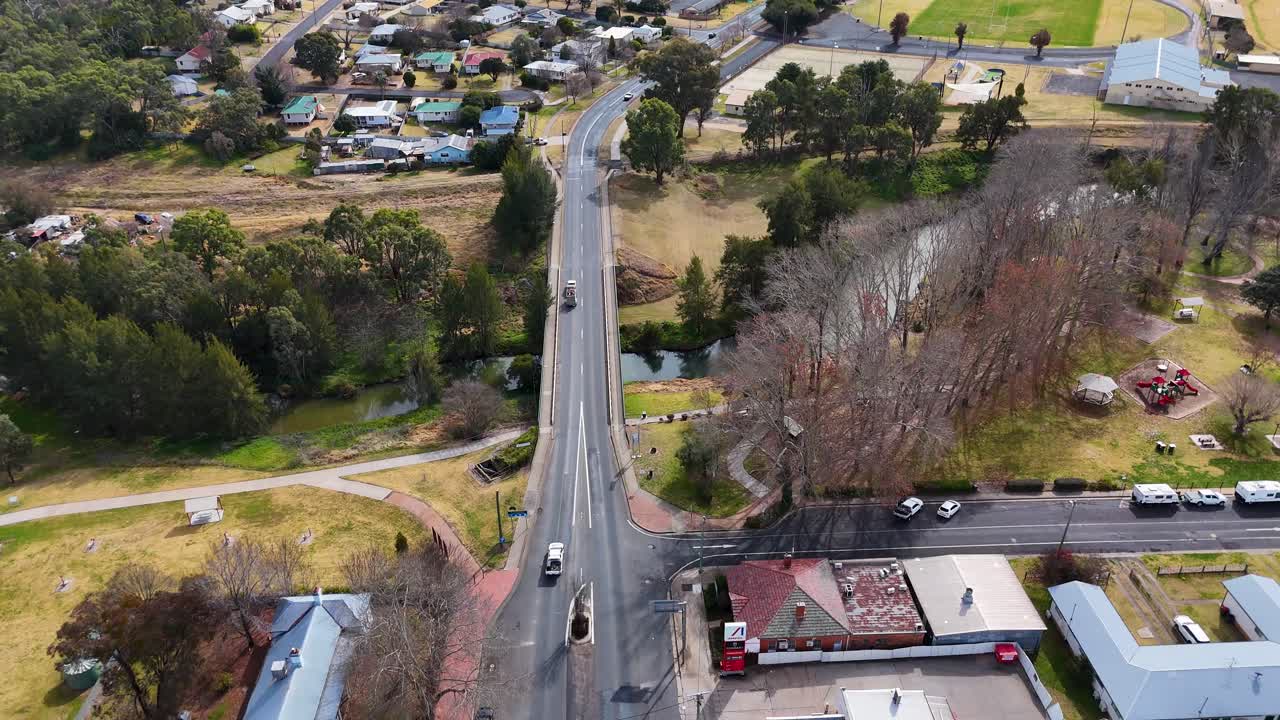 Aerial view of road bridge connecting residential neighborhoods