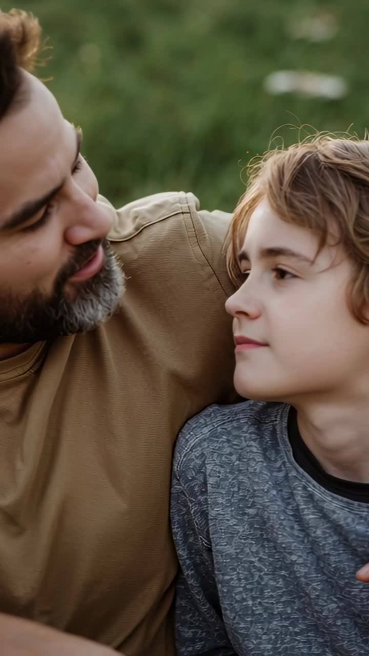 Video verticale: Padre sorridente che si china, abbracciando il figlio sull'erba, con magliette beige e grigie.