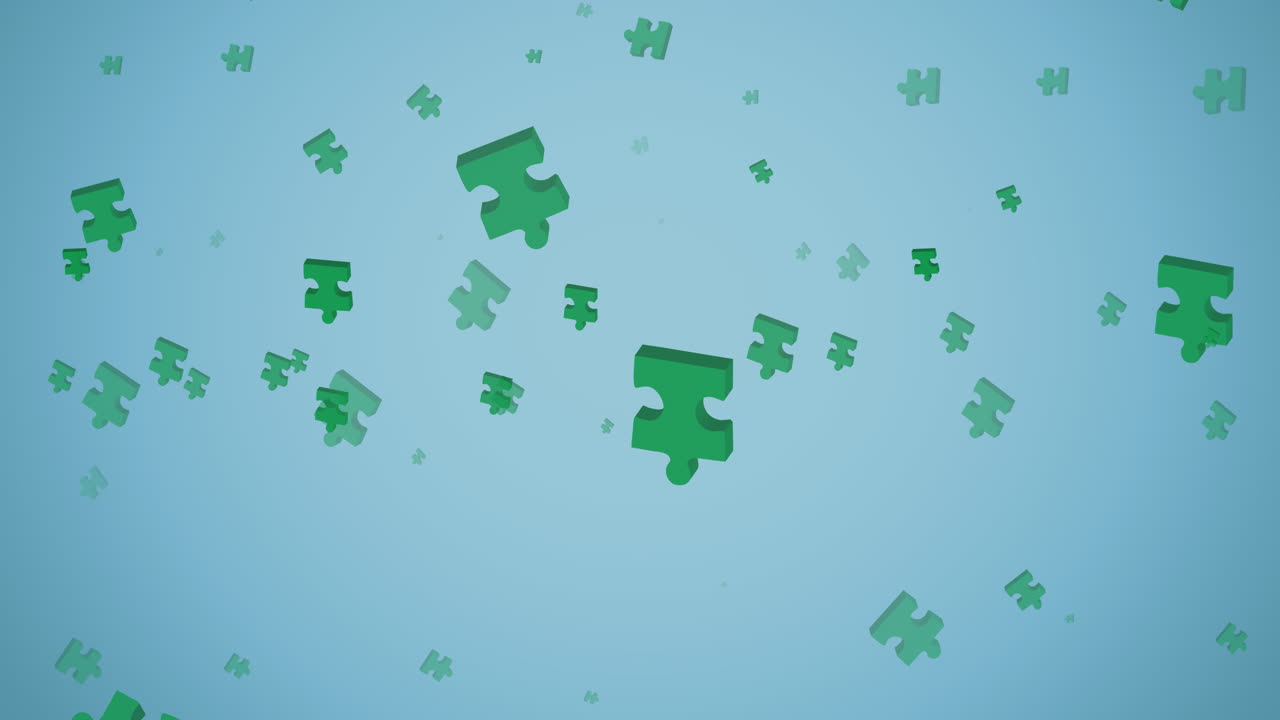 animación de piezas verdes del rompecabezas que caen sobre un fondo azul