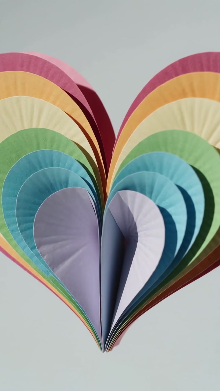 Vertical video: Frames shifting, paper heart aligning folds, revealing rainbow colors for design