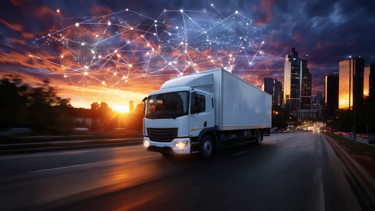 Consegne urbane dinamiche: un camion moderno che si fa strada tra le vie della città al crepuscolo, in mezzo a una visualizzazione di rete digitale che mette in mostra connettività ed efficienza
