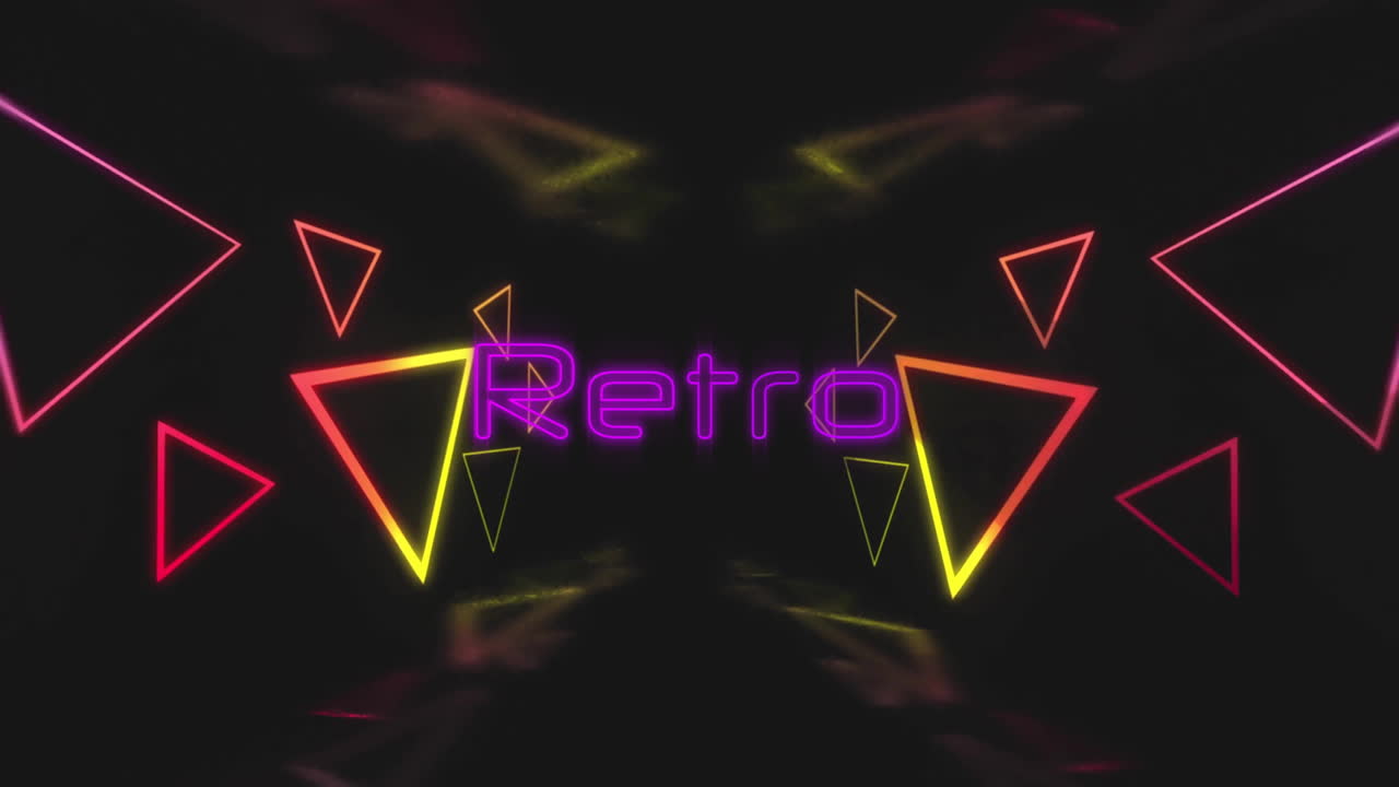 animación de texto retro sobre formas de neón sobre fondo negro