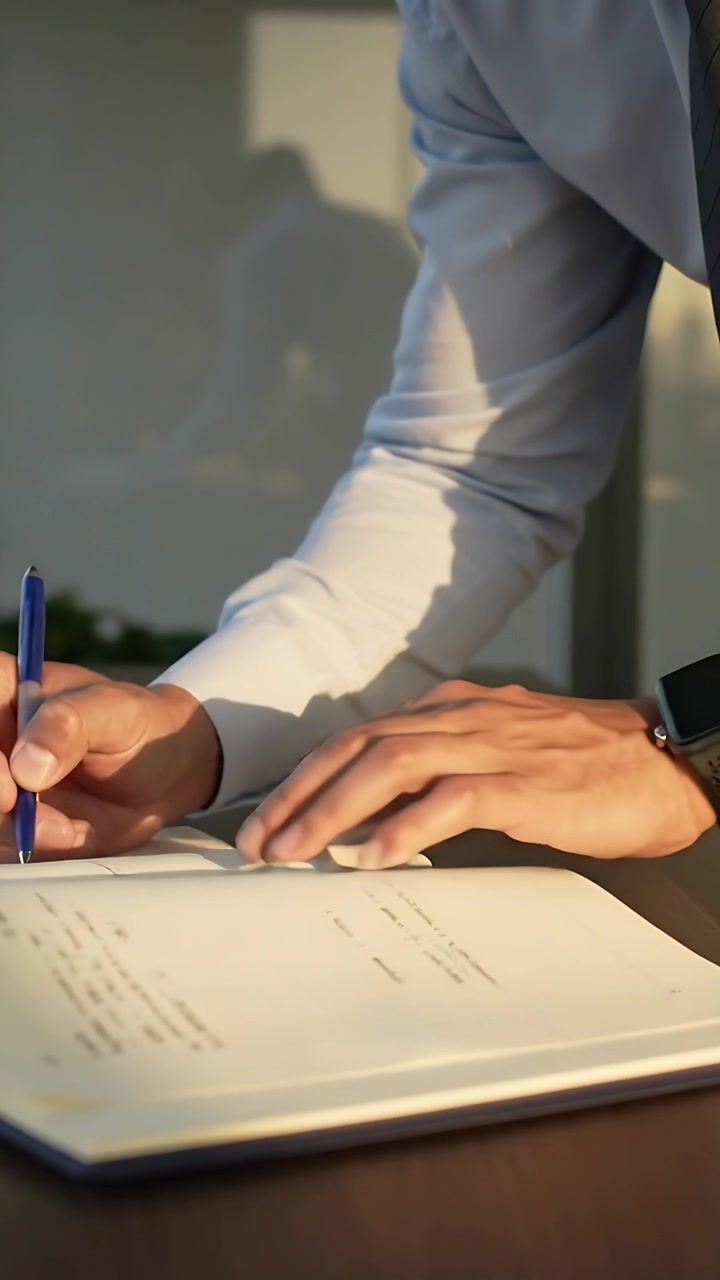 Video verticale: Uomo in camicia e cravatta che tiene una penna blu, scrive e si china sulla scrivania, annotando su un quaderno.