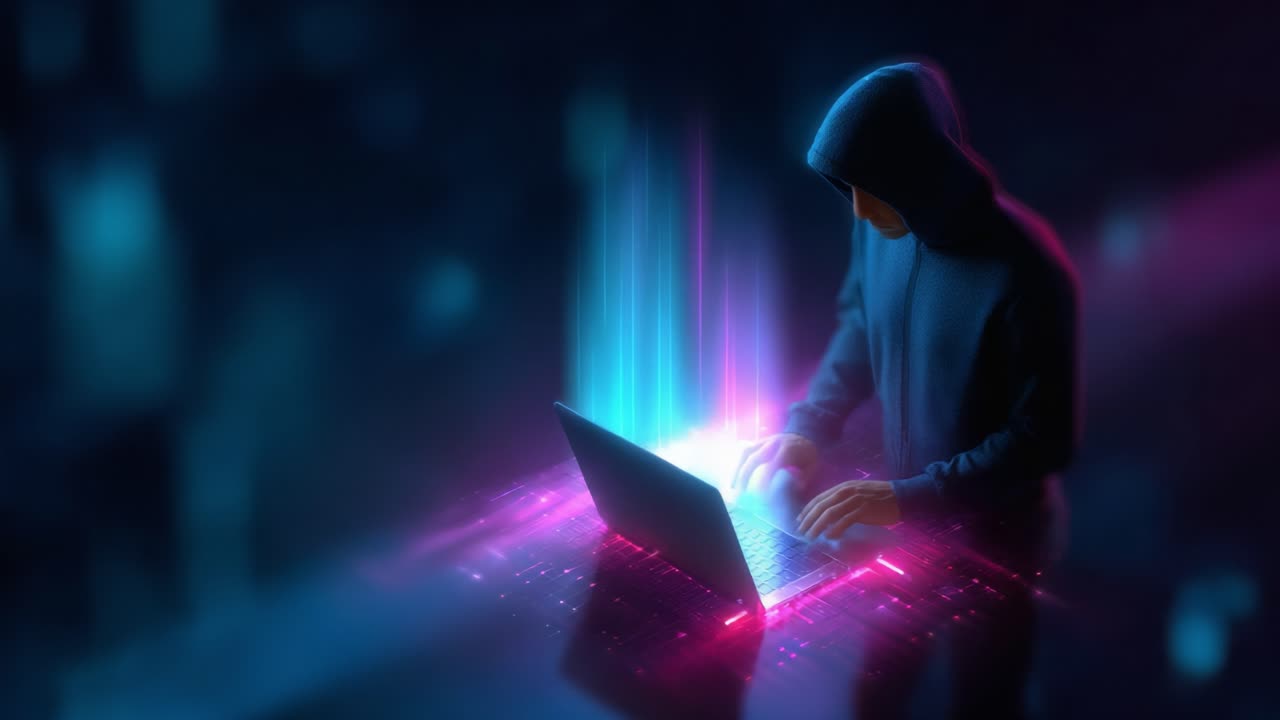 A mysterious figure in a hoodie interacts with a glowing laptop, emitting vibrant light effects, symbolizing the convergence of technology and cyber secrecy in a digital realm
