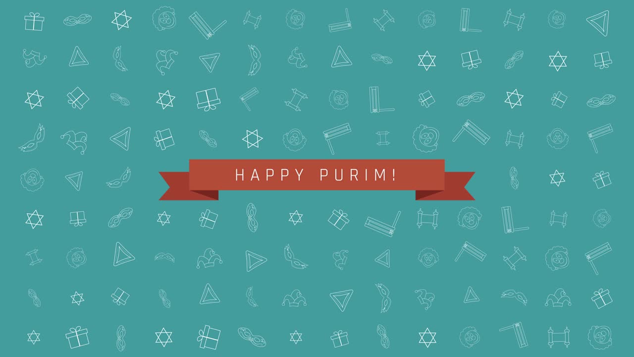 푸림 휴일 평평한 디자인 애니메이션 배경과 전통적인 윤 아이콘 기호 및 영어 텍스트