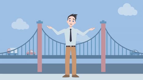 Animation-of-caucasian-businessman-making-presentation-on-bridge