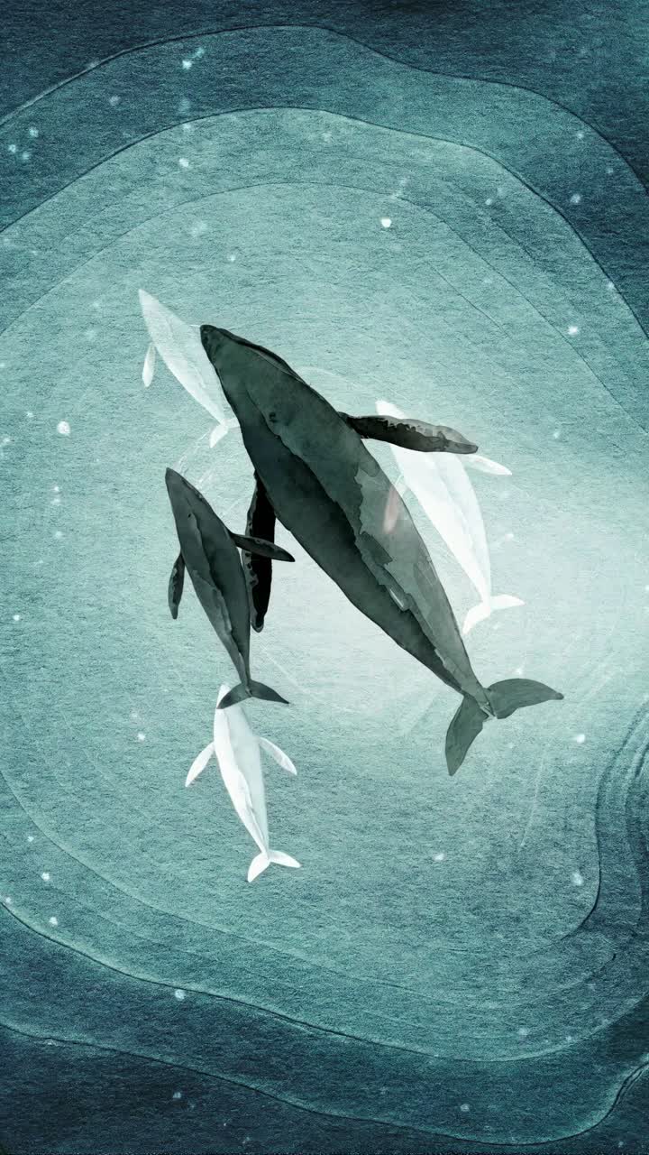 Aerial view of whales swimming in a watercolor ocean. The artistic style creates a serene, dreamlike