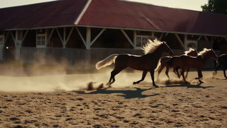 horses running in a stable paddock at sunset