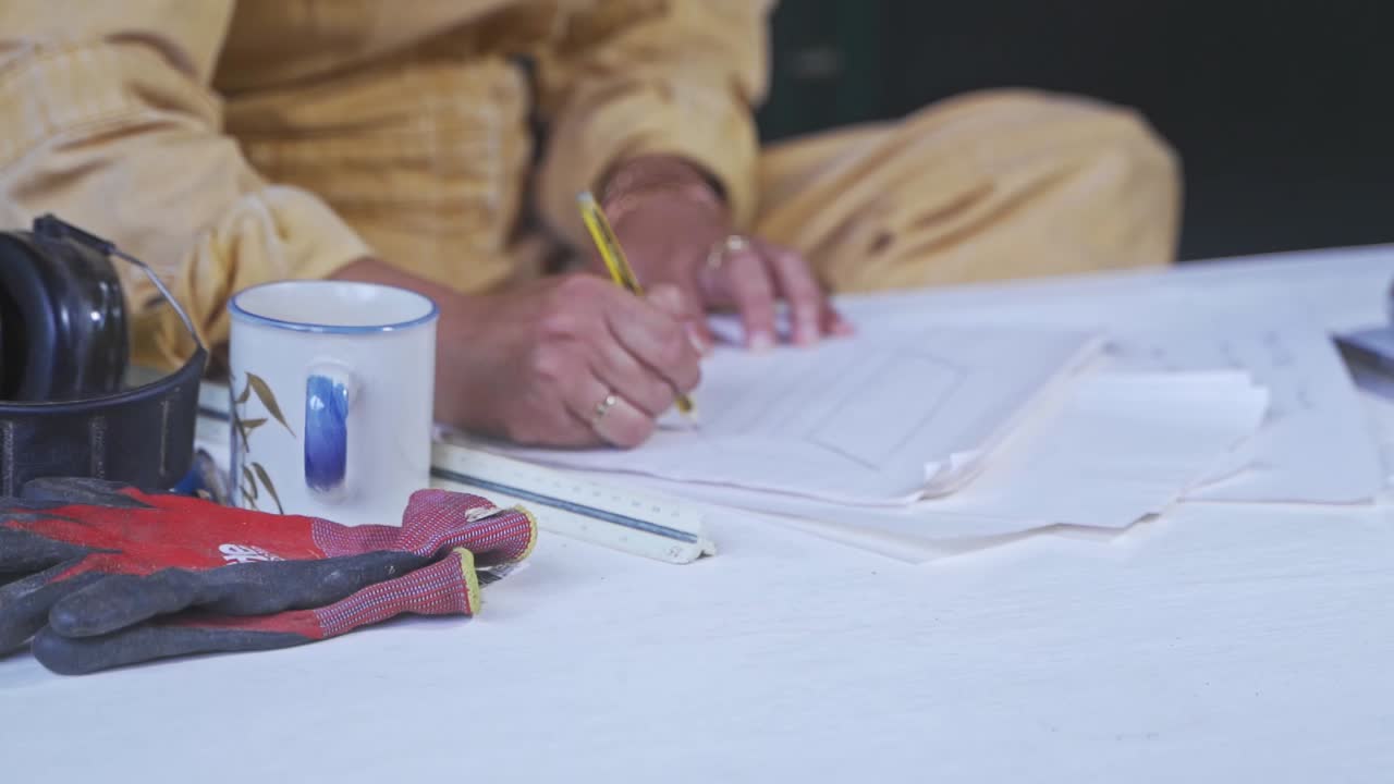 taller carpintero dibujo banco papel café taza