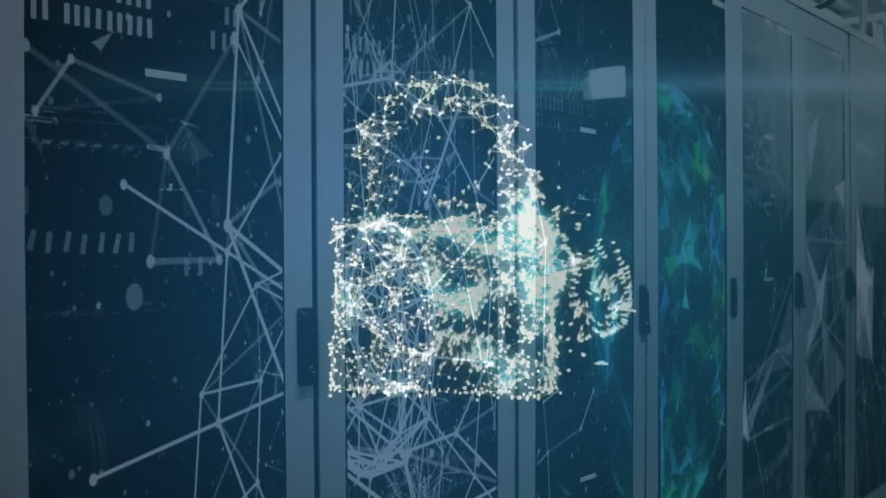 animación de iconos de nube y candado con red de conexiones a través de la sala del servidor