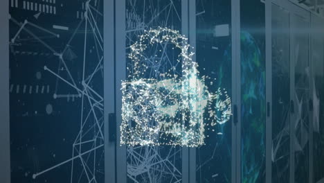 animation of cloud and padlock icons with network of connections over server room